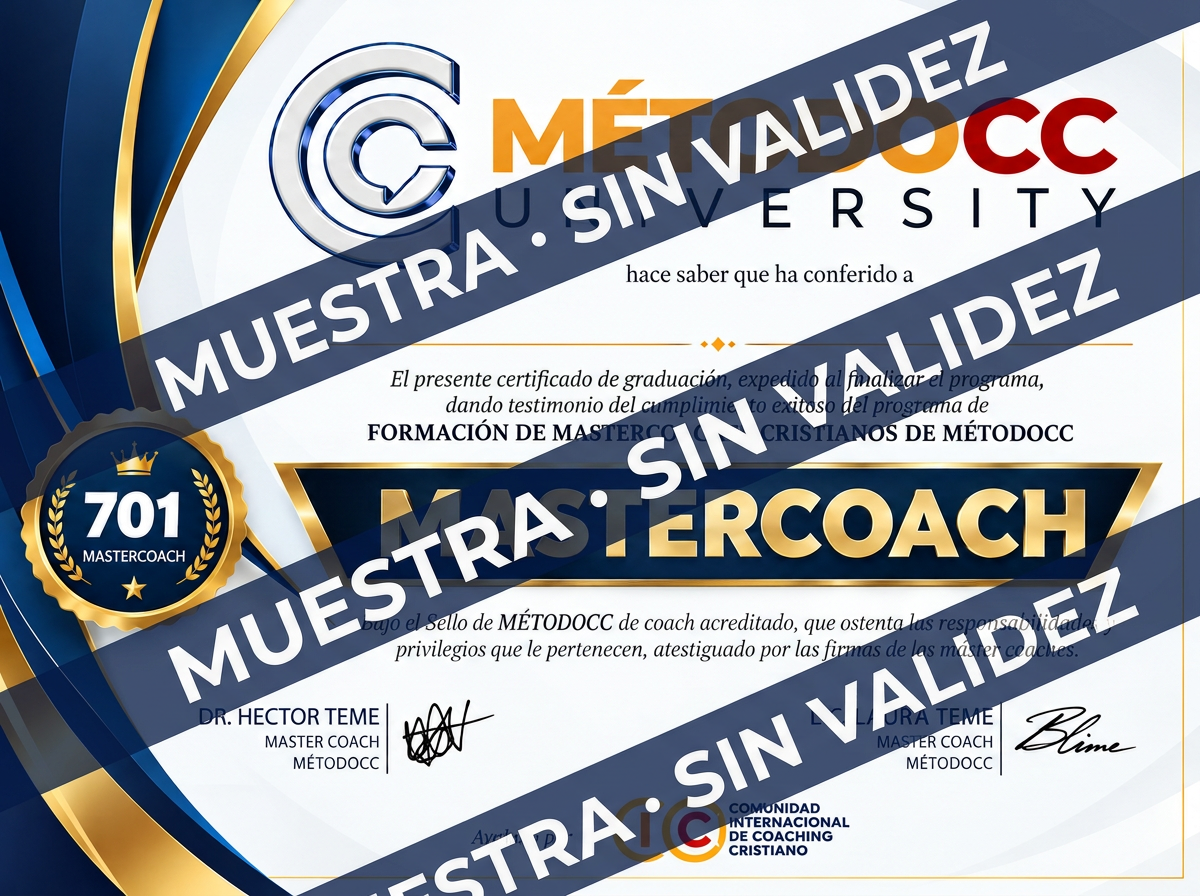 Muestra protegida del diploma Máster Coach Cristiano de METODOCC University, con sello 701, cintas azules y doradas y marcas cruzadas MUESTRA · SIN VALIDEZ